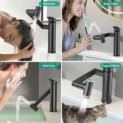 Modern Bathroom Faucet 1 Hole with Temperature Display(Batteries-Free), 1080° Rotatable Single Hole Bathroom Faucet, Single Handle Bathroom Vanity Faucets, 2 Spray Modes (Matte Black)