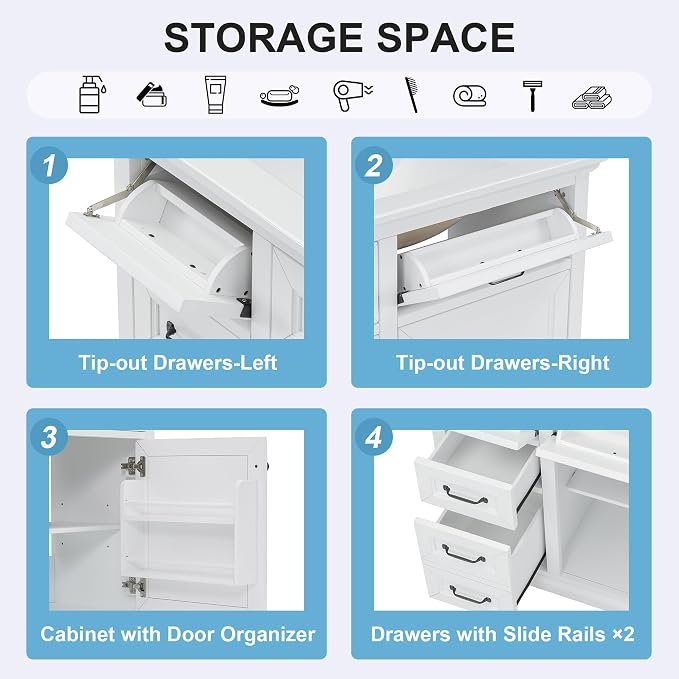 36" Bathroom Vanity with Ceramic Sink,Freestanding Storage Cabinet w/Soft-Close Door and 2 Tip-Out & 2 Drawers,Undermount Single Basin Bath Vanity Set w/Adjustable Shelf,White