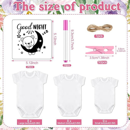 Panitay 126 Pcs Baby Shower DIY Bodysuit Set Bib 25 Blank White Newborn Bodysuit 25 Stencils 24 Marker 1 Sign 50 Pins(Butterfly)