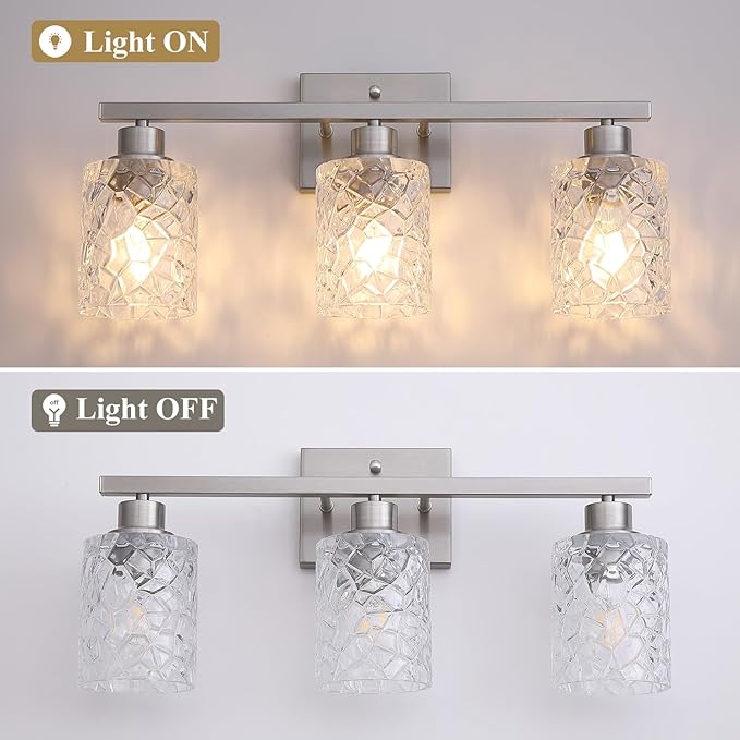 Mecgirn Stainless Steel Bathroom Vanity Light Over Mirror, 3 Light Brushed Nickel Bathroom Light Fixtures with Textured Glass Shades, Ceramic E26 Sockets Wall Mounted