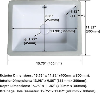 16 Inch Bathroom Vanity SinSmall Undermount Bathroom Sinks Rectangular White Porcelain Vessel Sink Cabinet 15.75" x 11.82" Ceramic Wash Basin Sink With Overflow Tiny Lavamanos Para Baños KINGWONG