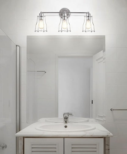 JONATHAN Y 24" Chrome Modern Industrial Metal Vanity Light, Bathroom Sconce for Mirror, Reversible 3-Light Wall Lamp with Metal Cage Shade for Hallway, LED Bulb Included (JYL7417A)