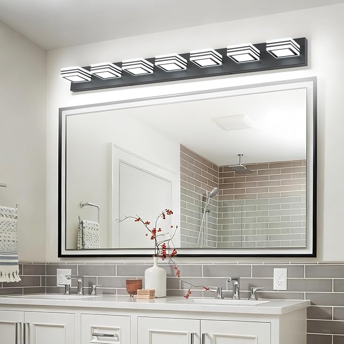 SOLFART LED Modern Vanity Lights Fixtures: 7 Lights Acrylic Matte Black Modern Bathroom Wall Light Over Mirror 46inch