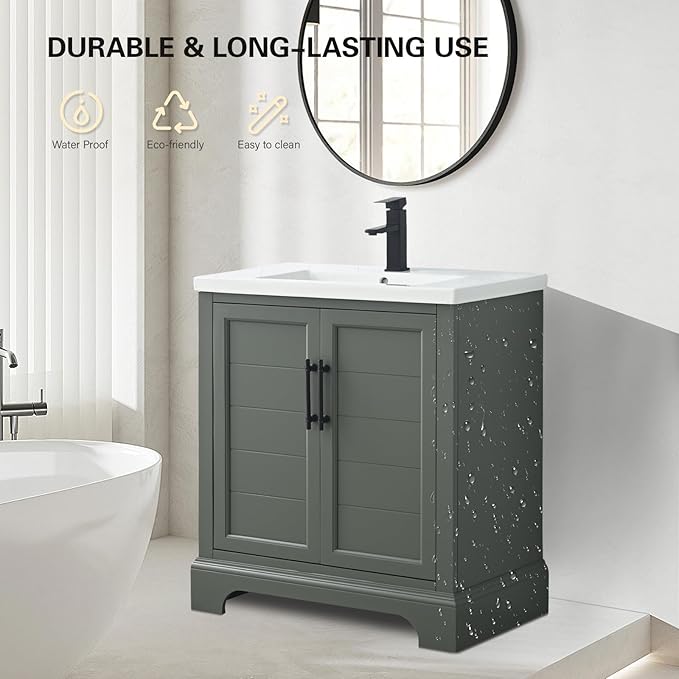 HOMEBEYOND 30 Inch Bathroom Vanity with Single Sink & Ceramic Top, Vanity Cabinet with Center Countertop Basin, Soft-Closing Doors, Vintage Green