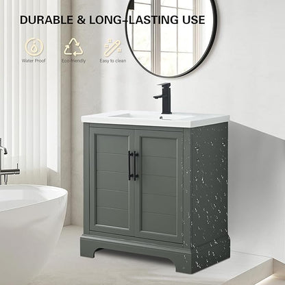 HOMEBEYOND 30 Inch Bathroom Vanity with Single Sink & Ceramic Top, Vanity Cabinet with Center Countertop Basin, Soft-Closing Doors, Vintage Green