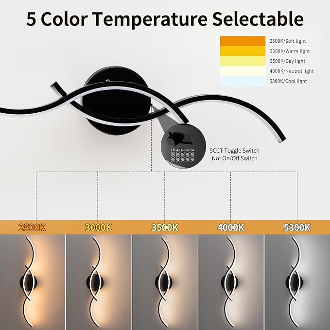 Black Curved Curved 5CCT Bathroom Vanity Light Fixture Over Mirror, 23.62 inch Modern LED Wall Lamp Dimmable Bathroom Light Fixture Modern Wall Sconces