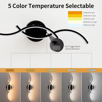 Black Curved Curved 5CCT Bathroom Vanity Light Fixture Over Mirror, 23.62 inch Modern LED Wall Lamp Dimmable Bathroom Light Fixture Modern Wall Sconces