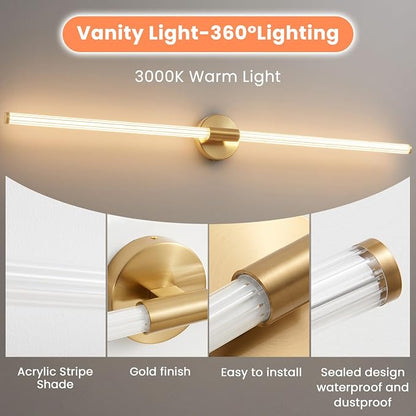 Gold Bathroom Vanity Lights 47" Long LED Vanity Light Bar | 360° Bright Bathroom Lights, Dimmable Vanity Light, Hardwired Wall Light 3000K Warm White for Mirror