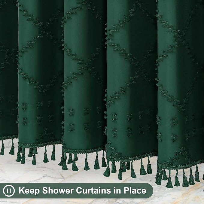 Dark Green Boho Fabric Shower Curtain with Tassel 72x84, Tufted Textured | Modern Farmhouse Curtain for Bathroom, Extra Long Bathroom Curtain, Minimalist Decor, Waterproof