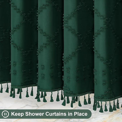 Dark Green Boho Fabric Shower Curtain with Tassel 72x72, Tufted Textured | Modern Farmhouse Curtain for Bathroom, Standard Bathroom Curtain, Minimalist Decor, Waterproof