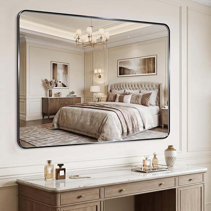 Bathroom Mirror 40"x50" Matte Black Rectangle Bathroom Wall Mirror for Over Sink, Modern Large Vanity Mirror, HD Tempered Glass, Anti-Rust Aluminum Alloy Frame, for Living Room, Bedroom, Entryway