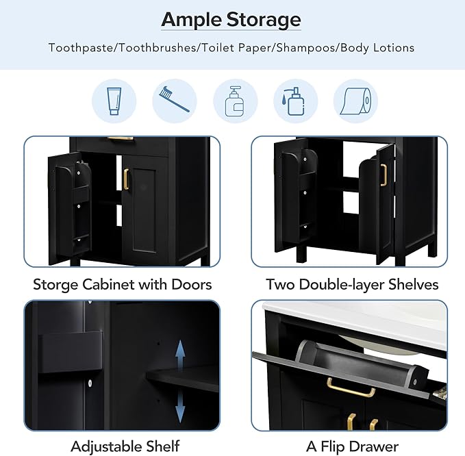 Harper & Bright Designs 48" Bathroom Vanity Set with Double Sink, Free Standing Single Basin Vanity Set with 2 Soft-Close Doors and Drawer, Wood Storage Cabinet with Ceramic Basin for Bathroom, Black