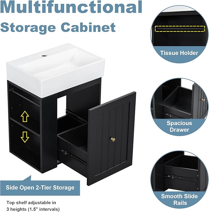 Harper & Bright Designs 20" Bathroom Vanity with Sink, Wall-Mounted Single Basin Vanity Set with One Drawer & Two-Tier Left Side Storage Shelf, Storage Cabinet with Ceramic Basin for Bathroom, Black