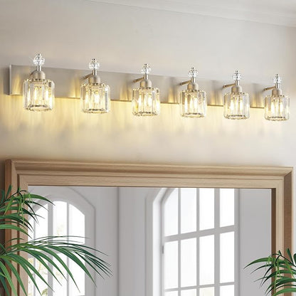 PRESDE Crystal 6-Light Bathroom Vanity Light Fixtures Brushed Nickel Modern Wall Lighting Over Mirror