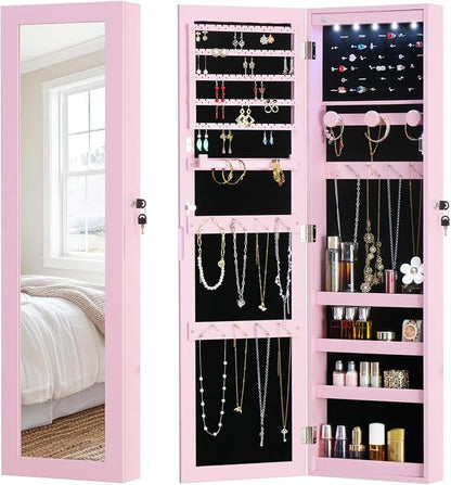 Full Length Mirror Jewelry Cabinet Organizer Lockable Door Wall-Mounted Jewelry Armoire with Shelves and Behind the Door Storage Pink