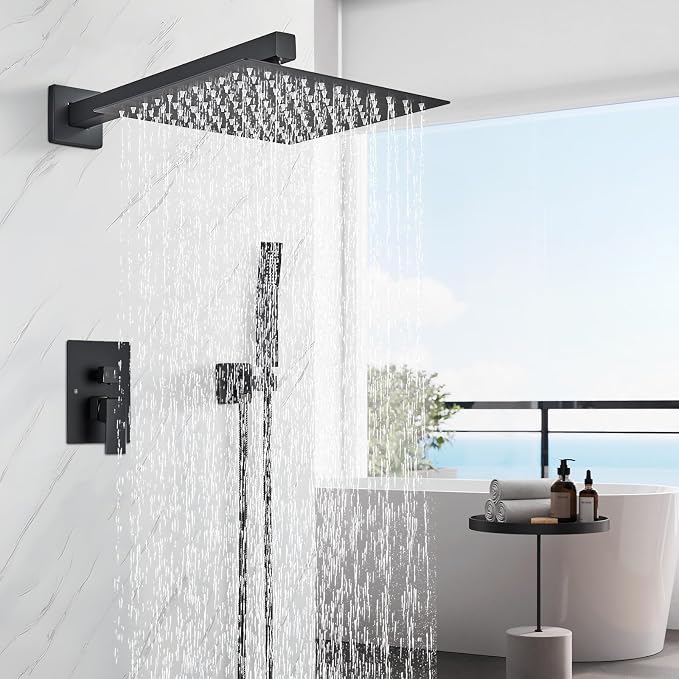 Shower Faucet 10 Inches Matte Black Shower System with Rainfall Shower Head and Handheld Spray Bathroom Luxury Rain Shower Faucet Set Complete Wall Mounted