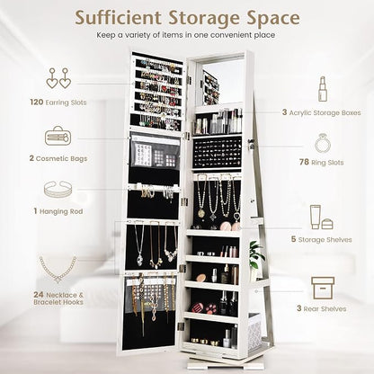 COSTWAY 360 Rotating Jewelry Armoire Cabinet, Standing Jewelry Organizer w/Full-Length Mirror & Large Storage Space, Lockable Mirror Jewelry Cabinet for Girls Women (White)