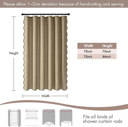 MIULEE Khaki Scalloped Linen Shower Curtain 72W x 72L | 12 metal hooks, Linen scalloped, waterproof washable, thick heavy cloth, black border, boho farmhouse, bathroom hotel use