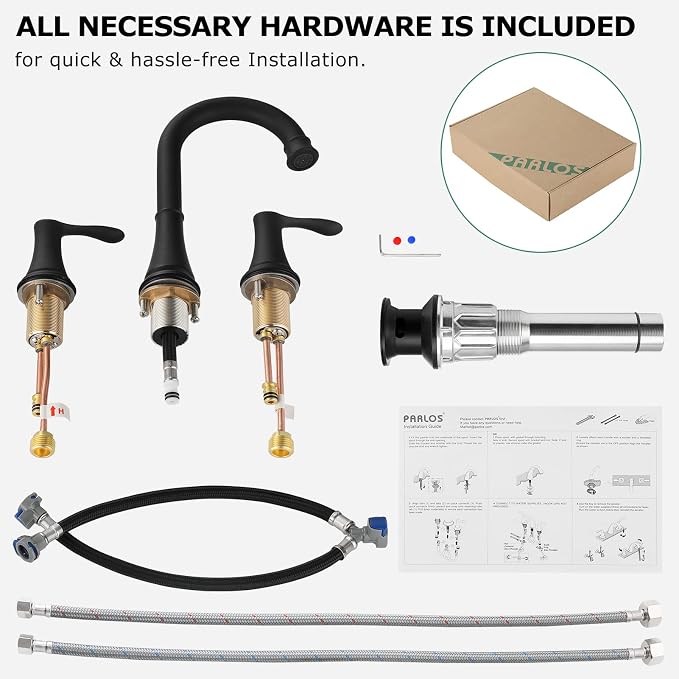 Matte Black Widespread Bathroom Sink Faucet 8 Inch for Vanity | with All Metal Pop Up Drain, High Arc 2 Handle Lead-Free Deck Mount Bathroom Faucet for 3 Hole Lavatory Utility Sink