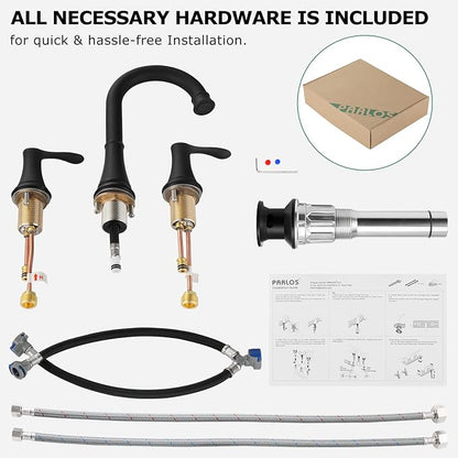Matte Black Widespread Bathroom Sink Faucet 8 Inch for Vanity | with All Metal Pop Up Drain, High Arc 2 Handle Lead-Free Deck Mount Bathroom Faucet for 3 Hole Lavatory Utility Sink