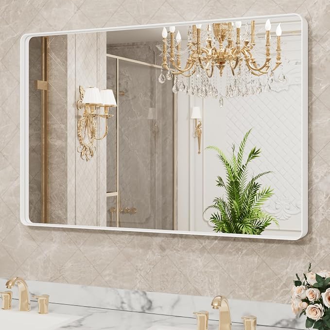 LOAAO 48x36 Inch White Metal Framed Bathroom Mirror | Rounded Rectangle, Anti-Rust, Tempered Glass, Hangs Horizontally or Vertically