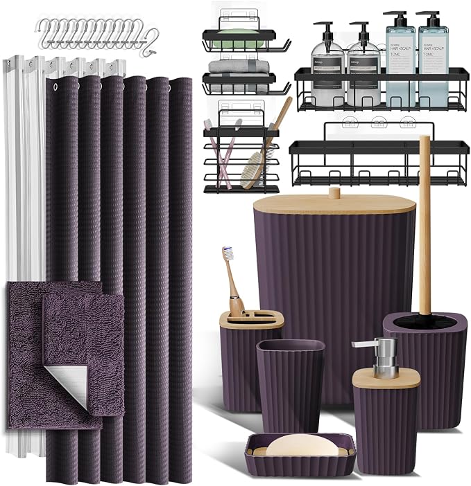 Clara Clark Bathroom Accessories Set - 27PC Bathroom Set with Adhesive Corner Shower Caddy Hanging, Bathroom Sets with Shower Curtain and Rugs, Purple Shower Curtain Set with Bathroom Trash Can | 27 Piece Purple Bathroom Sets with Shower Curtain and Ru...