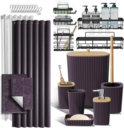 Clara Clark Bathroom Accessories Set - 27PC Bathroom Set with Adhesive Corner Shower Caddy Hanging, Bathroom Sets with Shower Curtain and Rugs, Purple Shower Curtain Set with Bathroom Trash Can | 27 Piece Purple Bathroom Sets with Shower Curtain and Ru...