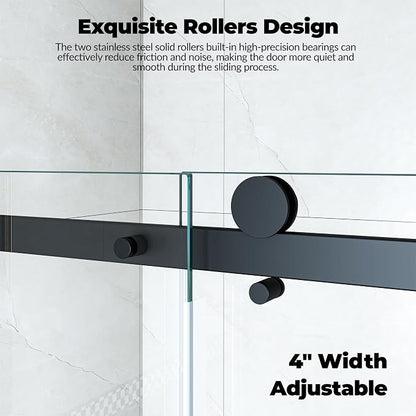 GarveeLife Frameless Sliding Shower Door 56-60 Inch W × 76 Inch H – Matte Black Stainless Steel Square Rail, Fixed Panel and Sliding Glass Shower Door with 6mm Tempered Glass, Easy Clean Coating
