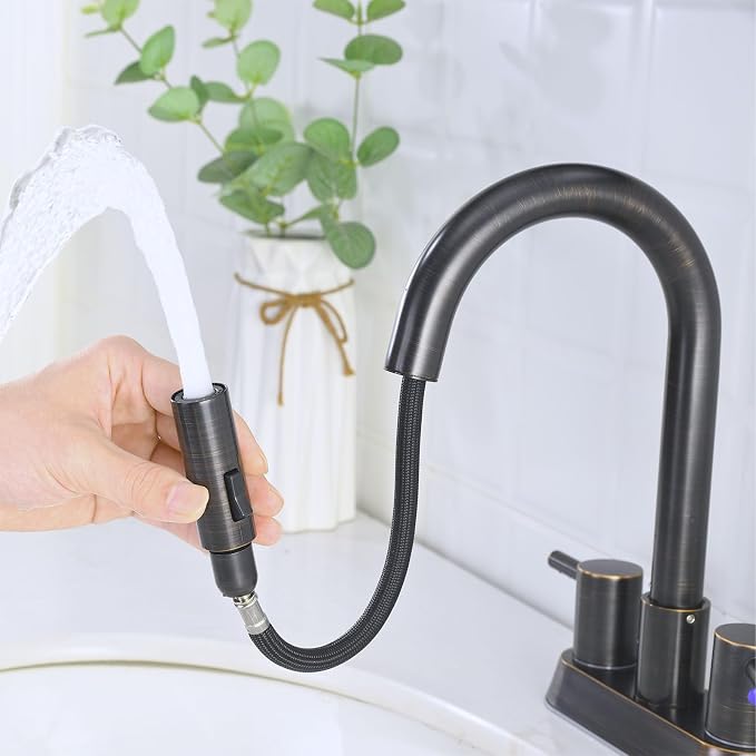 Oil Rubbed Bronze Bathroom Faucet with Pull Out Sprayer, Dual-Function Spout Bronze Bathroom Sink Faucets, 4 Inch Two Handle Utility Sink Faucet with Sprayer 3 Hole, Easy Pet Shower, RVs