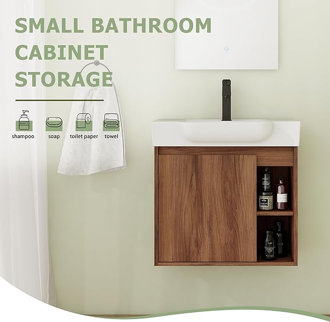 24 Inch Floating Vanity, 24" Bathroom Vanity with Sink, Single Sink Wall Mounted Vanity Combo, Modern Brown Bathroom Vanity Set with 1 Door