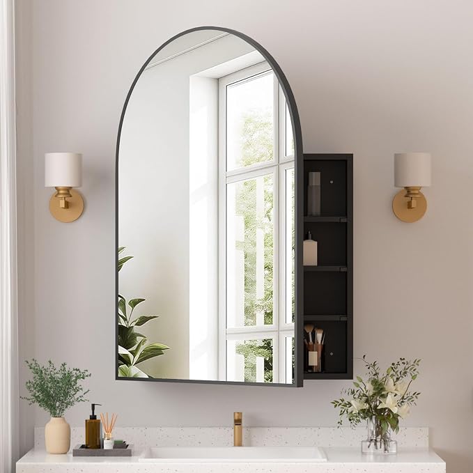 Medicine Cabinets for Bathroom, Black Arched Medicine Cabinet Recessed or Surface Wall-Mounted,Modern Bathroom Vanity Mirror with Storage, Mirrored Cabinet with Adjustable Shelves,24x36 Inch