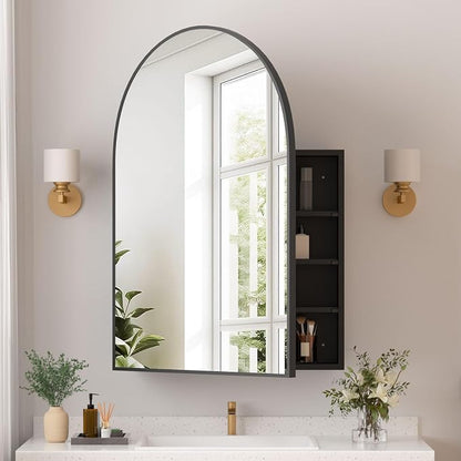 Medicine Cabinets for Bathroom, Black Arched Medicine Cabinet Recessed or Surface Wall-Mounted,Modern Bathroom Vanity Mirror with Storage, Mirrored Cabinet with Adjustable Shelves,24x36 Inch