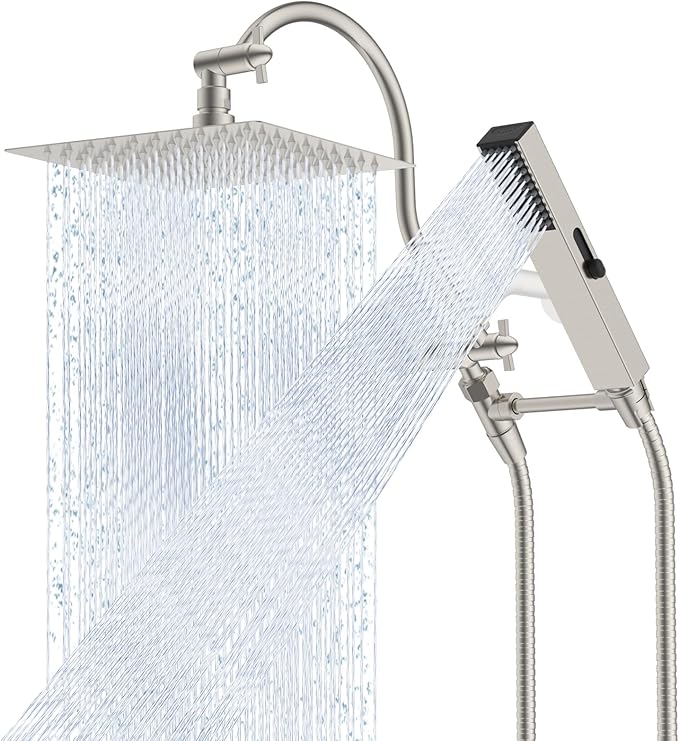 Hibbent All Metal cUPC Certified Shower Head, 8'' High Pressure Rainfall Showerhead Combo, Handheld Shower Wand, 12'' Adjustable Extension Arm, 4-Spray, 71'' Hose, Shower Holder, Brushed Nickel