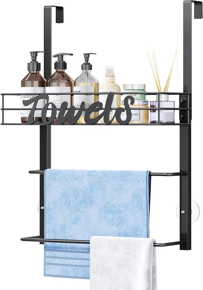 SWTYMIKI Over the Door Towel Racks for Bathroom - 3-Tier Wall Mounted Bathroom Towel Storage Organizer Holder with Metal Shelf, Black