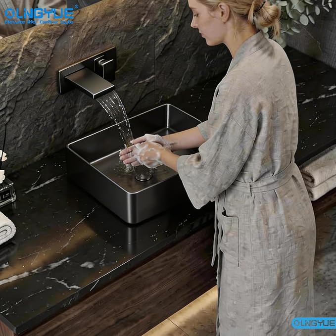 Black Rectangular Bathroom Vessel Sink: 20"x14" Modern Vanity Washbasin | Above Counter Lavatory Basin with Stainless Stee PVD Coating Pop Up Drain for Home Hotel Office Toilet Renovation Decoration