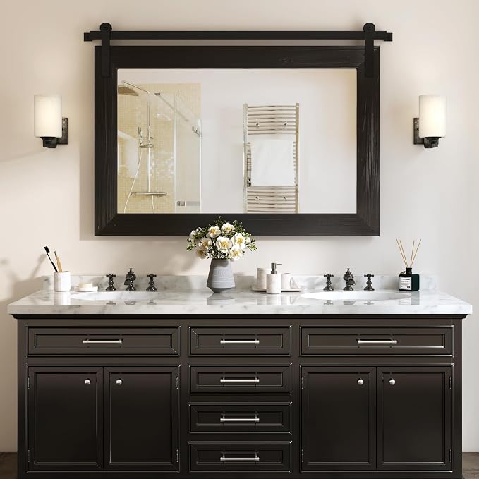 COGOOD Farmhouse Bathroom Mirrors for Over Sink - 30 x 41 Black | Rustic Barn Door Wood Framed Vanity Mirror for Entryway, Living Room, Bedroom, Dresser Wall Decor