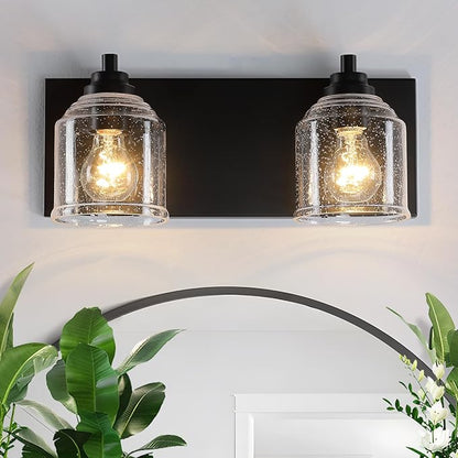 Vanity Lights for Bathroom Large 15.8", Farmhouse Rustic Vanity Light with Bubble Glass Shades, Black 2 Light Bathroom Lighting Fixtures Over Mirror, Bath Wall Sconce Home Decor