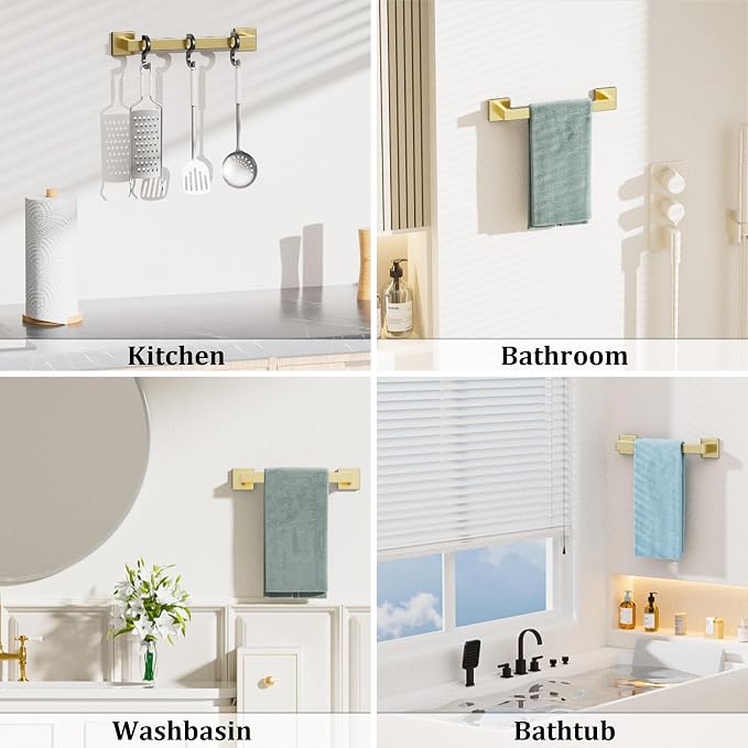 Alise Gold Towel Bar Towel Racks for Bathroom Wall Mount 16 Inch | SUS304 Stainless Steel Bathroom Towel Holder, Full Square Towel Rod Towel Hanger for Bathroom Lavatory Kitchen