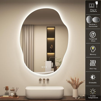 OKPAL Backlit Irregular LED Bathroom Mirror with Lights, 24x32 Asymmetrical Leaf-Shaped Ligthed Vanity Mirror for Wall, Anit-Fog, Dimmable, Memory, Shatterproof, UL (Horizontal/Vertical)