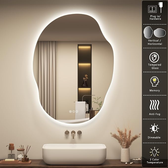 OKPAL Backlit Irregular Lighted Bathroom Mirror with Lights 48x30, Asymmetrical Leaf-Shaped Led Vanity Mirror for Wall, Anit-Fog, Dimmable, Memory, Shatterproof, UL (Horizontal/Vertical)