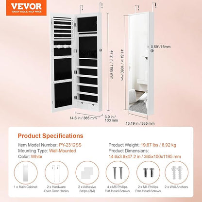 VEVOR Mirror Jewelry Cabinet, 47.2-Inch Tall Lockable Jewelry Armoire with Full-Length Mirror, Wall/Door Mounted Organizer with LED Lights and Velvet Lining, White