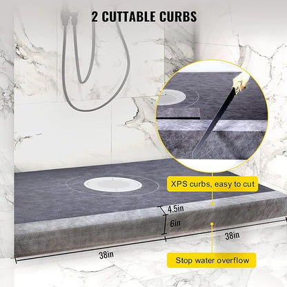 VEVOR Shower Curb Kit, 38"x60" Watertight Shower Curb Overlay with 4" PVC Central Bonding Flange, 4" Stainless Steel Grate, 2 Cuttable Shower Curb and Trowel, Shower Pan Slope Sticks Fit for Bathroom