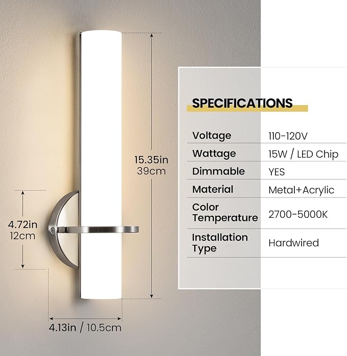 Brushed Nickel Bathroom Sconces Wall Lighting 5CCT LED Dimmable Modern Wall Sconces Set of Two Indoor Wall Lamps for Bedroom Living Room Mirror 15 inch (Hardwired)
