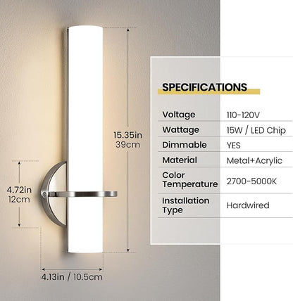 Brushed Nickel Bathroom Sconces Wall Lighting 5CCT LED Dimmable Modern Wall Sconces Set of Two Indoor Wall Lamps for Bedroom Living Room Mirror 15 inch (Hardwired)