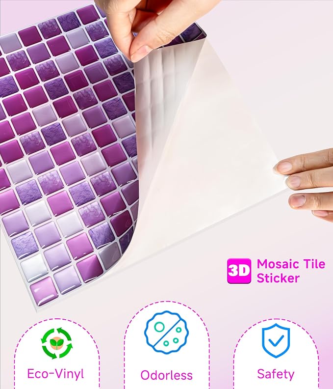 3D Mosaic Tile Sticker Removable Wallpaper Tile, 3D Self Adhesive Wall Tiles Bathroom Wall Tiles for Kitchen Backsplash Purplish Pink,PVC Square Decorative Vinyl Decals,4 Sheets