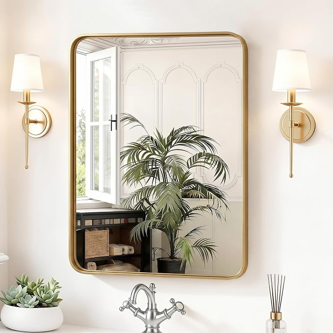 Sweetcrispy Bathroom Wall Mirror, 30x22 Inch Mirror for Over Sink, Gold | Modern Wall Mount Vanity Mirror, Rounded Rectangle with Matte Brush Metal Framed, for Home Decor, Living Room, Bedroom