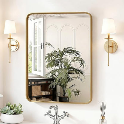 Sweetcrispy Bathroom Wall Mirror, 30x22 Inch Mirror for Over Sink, Gold | Modern Wall Mount Vanity Mirror, Rounded Rectangle with Matte Brush Metal Framed, for Home Decor, Living Room, Bedroom
