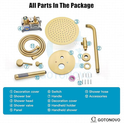 gotonovo Shower System 10 Inch Round Rainfall Showerhead Wall Mounted High Pressure Shower Faucet Set Fixture Combo with Rough in Valve and Cylindrical Handheld Spray, Brushed Gold