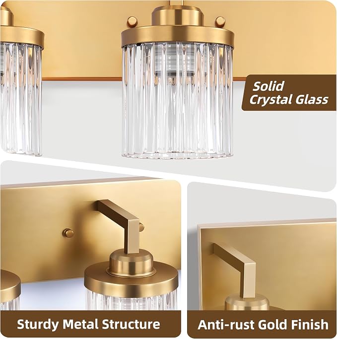 Modern 3-Light Gold Vanity Lights, Crystal Glass Bathroom Fixtures | Brushed Gold Finish, Rust-resistant Metal, Industrial Design, E26 Compatible, Over Mirror Wall Light for Bathroom Restroom