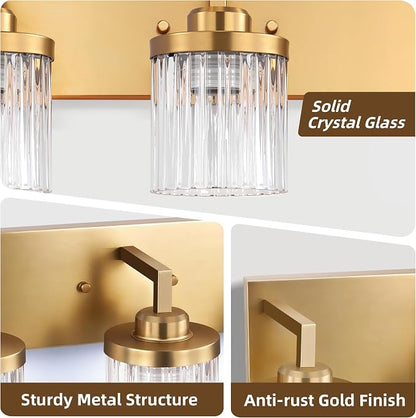 Modern 3-Light Gold Vanity Lights, Crystal Glass Bathroom Fixtures | Brushed Gold Finish, Rust-resistant Metal, Industrial Design, E26 Compatible, Over Mirror Wall Light for Bathroom Restroom